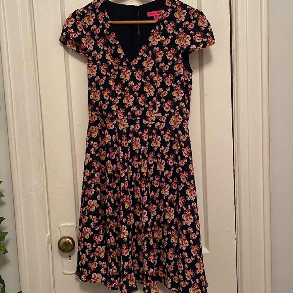 Betsey Johnson blue pink floral print cap sleeve dress sz 2